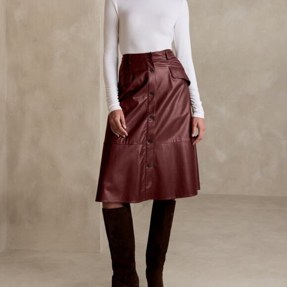 NWT Banana Republic Factory Vegan Leather Midi Skirt Bordeaux Kiss 0 - Picture 1 of 13